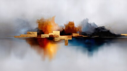 This artwork features a vibrant abstract landscape with warm hues merging into cool colors, creating a tranquil reflection on the water during dawn. The interplay of tones evokes a sense of harmony