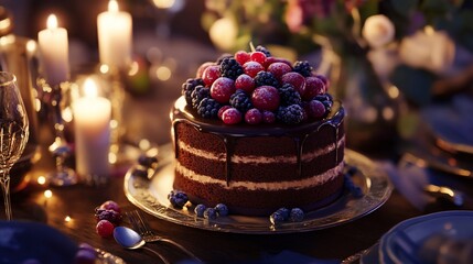 Elegance in every layer: A decadent chocolate cake, illuminated by soft candlelight