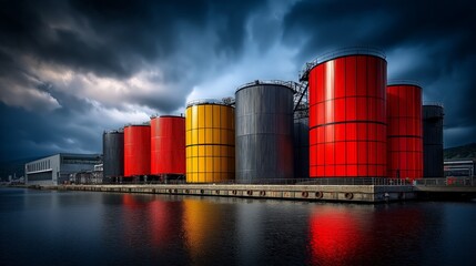 Obraz premium Radiation emergency concept. Colorful industrial storage tanks by the water under dramatic skies.