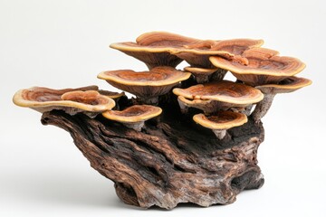 Cluster of orange-brown shelf mushrooms growing on dark wood