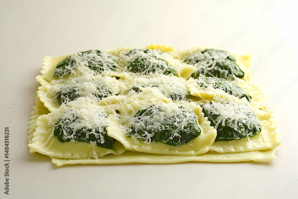 Poster prepared spinach ravioli arranged in a square pattern.