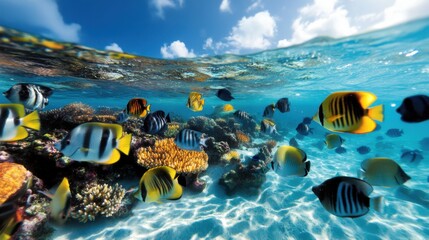 Obraz premium A lively underwater scene showcases a thriving coral reef, bustling with a variety of colorful fish swimming among the corals