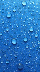 Blue Drops: Captivating macro shot of water droplets on a vibrant blue surface. Evoking serenity and refreshment