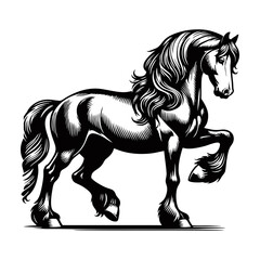 Black and White Line Art of Rearing Horse with Flowing Mane and Detailed Muscles Captured in Woodcut Style for Tattoo Poster and Western Theme Art