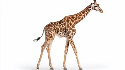 Fototapeta premium Tall giraffe with brown spots, long neck, and walking across a white background