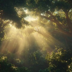 Obraz premium A cinematic, widescreen shot emphasizing the grandeur of the sunlit canopy.-