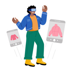 Flat illustration showing customer experiencing virtual shopping