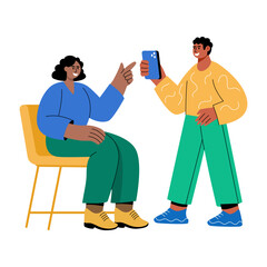 A flat illustration showing two influencers creation video for promotion
