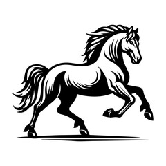 Majestic Black Stallion Vector Image in Woodcut Style with Powerful Rearing Pose on White Background for Classic Horse Logo Poster and Tattoo Applications