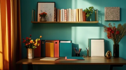 Sunlit Home Office Workspace with Teal Walls and Colorful Accents