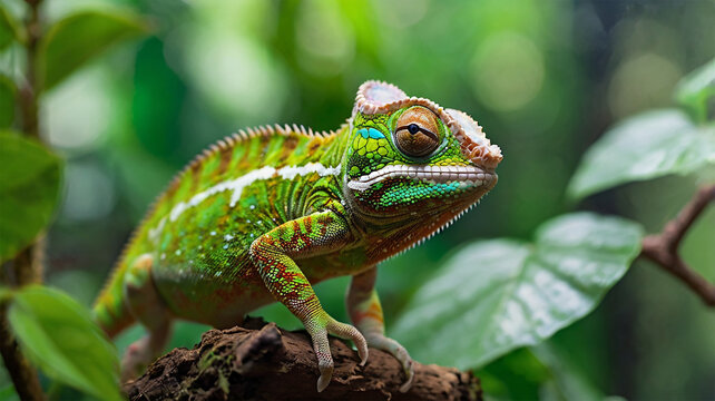 Wildlife Photography of a Chameleon in the Rainforest, Green Chameleon on a Branch, Colorful Chameleon Close-Up, Chameleon Portrait in Nature,  Macro Wild Animal Shot