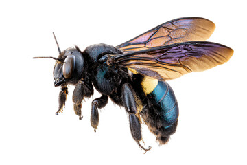 Close-up of a Striking Metallic Blue-Black Bee in Flight