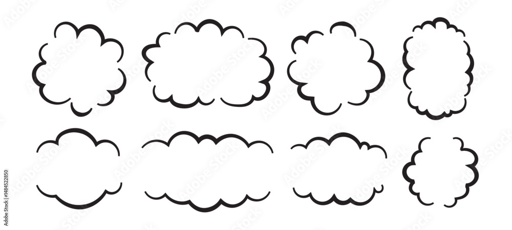 Aufkleber cloud speech bubbles in hand drawn style set, text frame dialog balloon, doodle talk speech bubble f