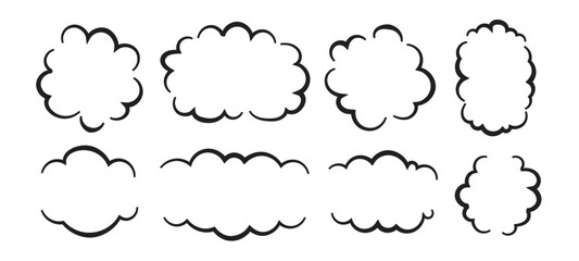 Cloud speech bubbles in hand drawn style set, text frame dialog balloon, doodle talk speech bubble frame design element. decorative vector illustration