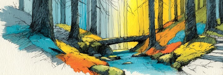 A charming naive crayon drawing of a small forest trail by a stream with a wooden bridge, sunlight filtering through, on a clean white background