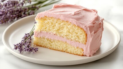 Slice of Vanilla Bean Cake with Pink Lavender Frosting, Garnished with Lavender Sprigs