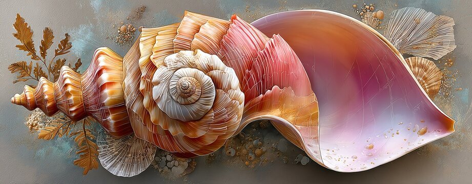single sea shell of aliger gigas known as the queen conch A stunning close-up of a vibrant seashell adorned with intricate patterns and colors, evoking beach memories and ocean beauty.