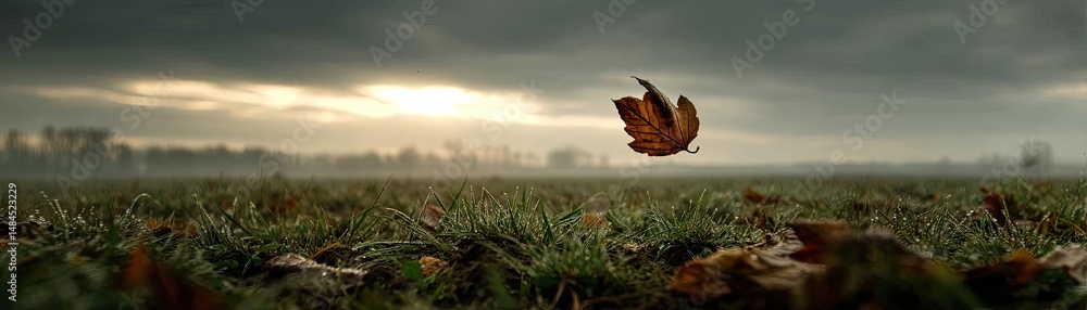 Poster blowing in the wind with sunrise over foggy meadow hill concept. a single leaf floating above a tran