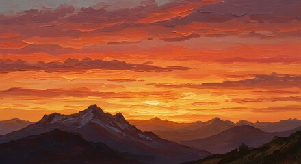 Fiery Mountain Sunset: Impasto Landscape Painting