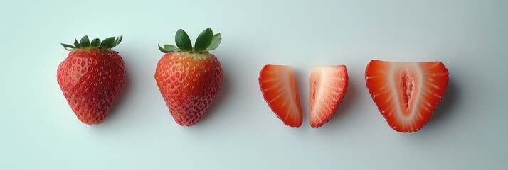 Fresh strawberries, whole and sliced, on a light background