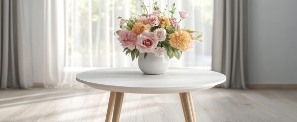 Pastel flowers in a vase on a round side table