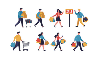 Set of Shopping People Illustrations : with bags, carts, and sale signs.