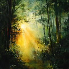 Fototapeta premium A mid-morning golden burst of light flooding a green woodland.