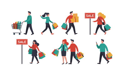 Set of Shopping People Illustrations : with bags, carts, and sale signs.
