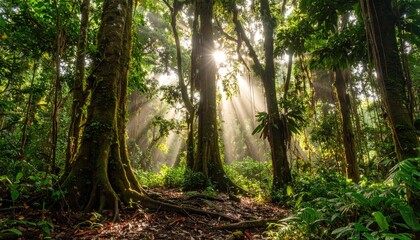 Naklejka premium Sunbeams through ancient jungle