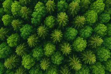 Aerial view of dense green forest with tall trees under a clear sky