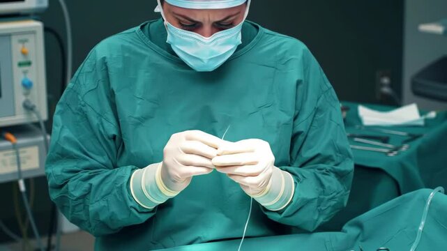 Close Up Of Medical Professional's Hands Performing Precise Suturing During A Medical Procedure In A Sterile Operating Room