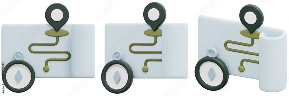 Poster set of a navigation system with a map compass and route 3d render icon illustration