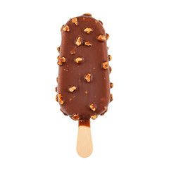 Chocolate-coated ice cream bar with nut toppings on a plain background