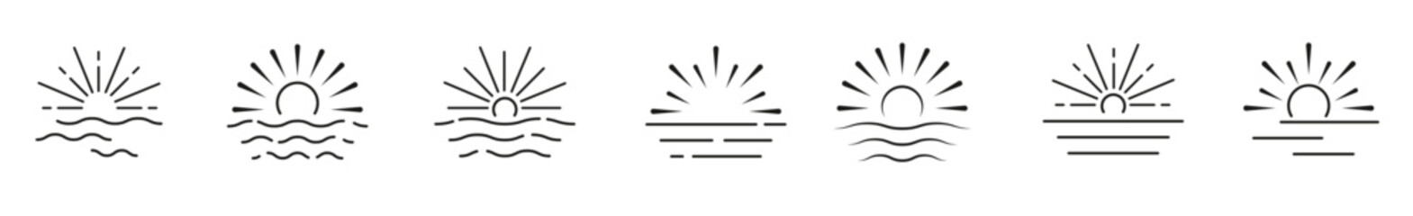 Sun and sunburst. Sunset in Boho style. Sunburst line vector set. Vector illustration