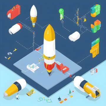Vector isometric image of startup success featuring rocket launch, briefcase, and chart. Perfect for innovation, business growth, and entrepreneurship. Clean design on white background.