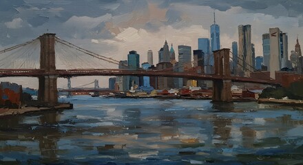Brooklyn Bridge NYC Skyline: Impressionistic Oil Painting
