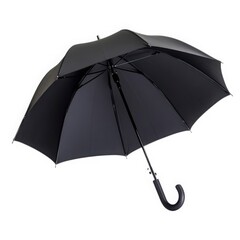 Open black umbrella, closeup isolated on white background