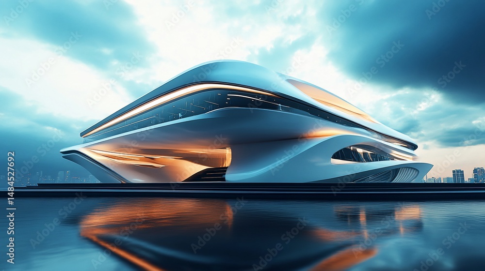 Poster futuristic architecture with a striking modern design and a reflective surface under a cloudy sky