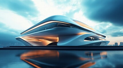 Futuristic architecture with a striking modern design and a reflective surface under a cloudy sky