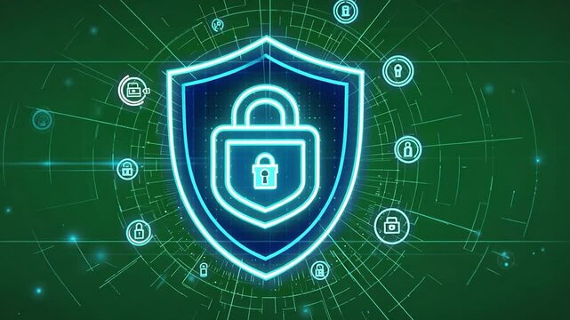 Futuristic digital technology blueprint with a binary code lock pattern on a blue background, illustrating secure network communication