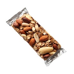 Granola bar with nuts in wrapper isolated on white background