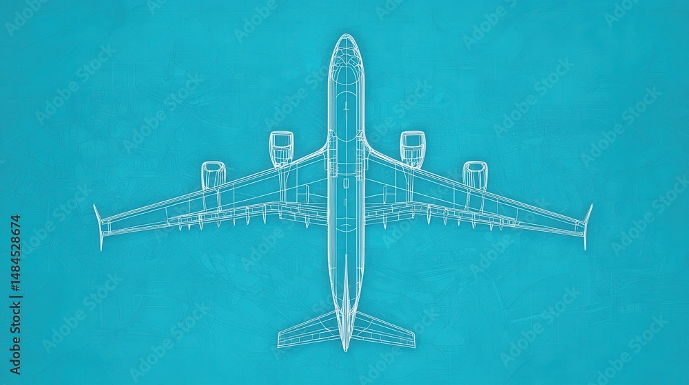 Poster blueprint of an airplane aircraft design on a turquoise background for graphic and technical use