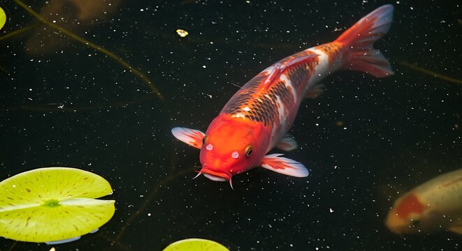 Koi Fish Swimming in Pond with Lily Pads and Dark Water - Powered by Adobe