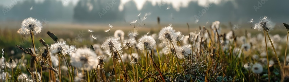 Poster blowing in the wind with dandelion under cloudy morning concept. a field of dandelions sways gently 