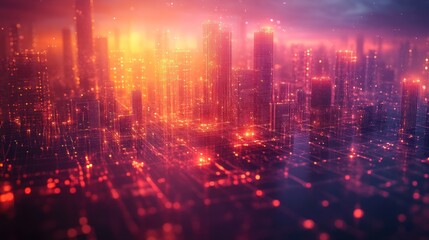 Cityscape at night warm color palette abstract style