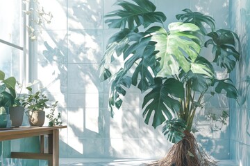 Sunlit bathroom with large tropical plant and potted greenery