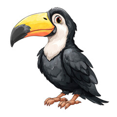 Obraz premium Exotic tropical toucan bird with a colorful yellow beak and black feathers isolated on a white background representing Brazilian rainforest wildlife