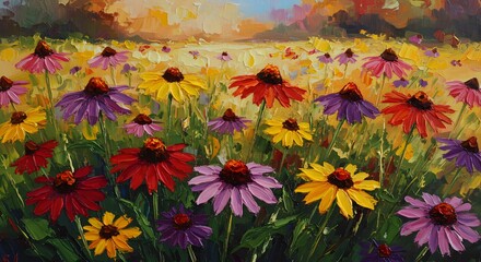 Vibrant Wildflower Meadow: An Impressionistic Oil Painting