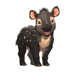 Fototapeta premium Cute baby tapir character with white spots standing on white background in friendly cartoon style for children's educational content and nature illustrations.