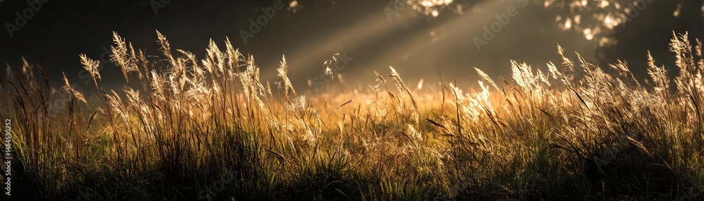 Poster blowing in the wind with foliage over morning meadow concept. golden grasses illuminated by soft sun